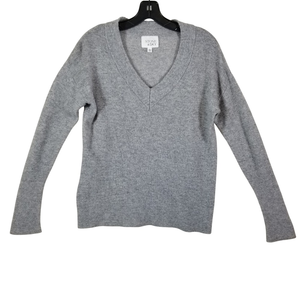 Stone & Sky Women Gray 100% Cashmere V-Neck Sweater XS Heather Gray Knit